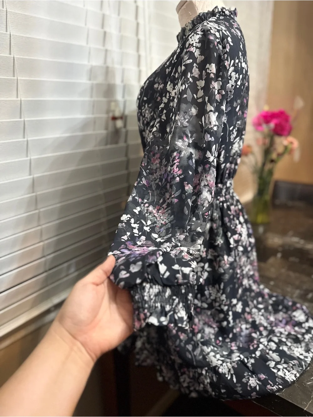 J. Crew Black Floral Long-Sleeve Smocked-Waist Dress